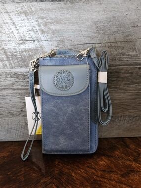 NWT Christian Lacroix Light Blue Denim Phone Carrier Crossbody Wristlet Purse
